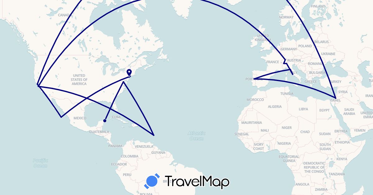 TravelMap itinerary: driving in Switzerland, France, Israel, Italy, Saint Lucia, Mexico, Portugal, United States (Asia, Europe, North America)